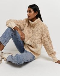 River Island BEIGE BORG CHUNKY CABLE KNIT JUMPER | womens pullover high neck jumpers