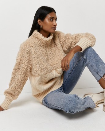 River Island BEIGE BORG CHUNKY CABLE KNIT JUMPER | womens pullover high neck jumpers - flipped