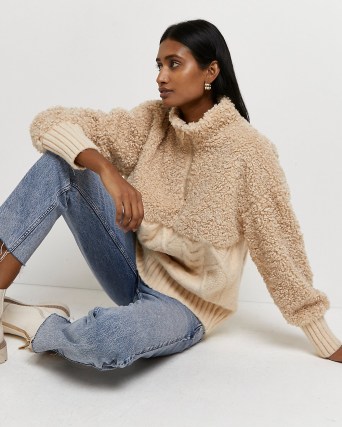 River Island BEIGE BORG CHUNKY CABLE KNIT JUMPER | womens pullover high neck jumpers