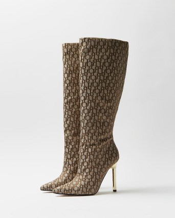 RIVER ISLAND BEIGE RI MONOGRAM JACQUARD HEELED BOOTS / womens logo print gold stiletto heel boots - flipped