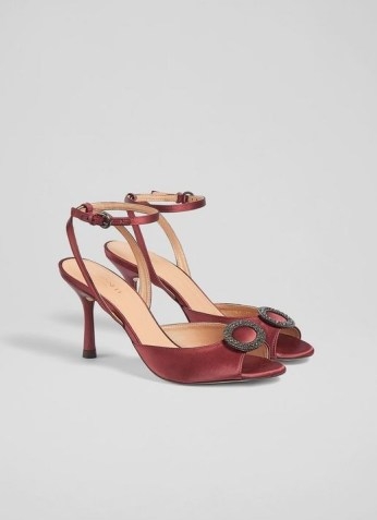 L.K. BENNETT BELLE BURGUNDY SATIN CRYSTAL EMBELLISHED SANDALS ~ glamorous ankle strap party heels - flipped