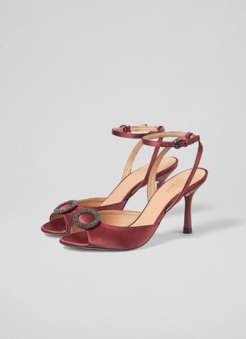 L.K. BENNETT BELLE BURGUNDY SATIN CRYSTAL EMBELLISHED SANDALS ~ glamorous ankle strap party heels