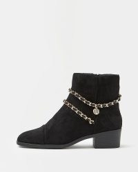 RIVER ISLAND BLACK CHAIN DETAIL ANKLE BOOTS ~ womens fashionable winter footwear ~ faux immy suede