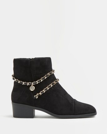 RIVER ISLAND BLACK CHAIN DETAIL ANKLE BOOTS ~ womens fashionable winter footwear ~ faux immy suede - flipped