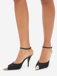 SAINT LAURENT Chain-embellished black bouclé sandals ~ gold point toe textured party heels ~ womens luxe designer evening occasion high heel shoes