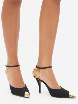 SAINT LAURENT Chain-embellished black bouclé sandals ~ gold point toe textured party heels ~ womens luxe designer evening occasion high heel shoes - flipped