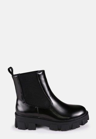 MISSGUIDED black chunky sole chelsea boots ~ faux leather thick sole pull on boots ~ womens on-trend casual footwear - flipped