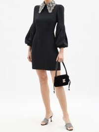 ANDREW GN Crystal-collar balloon-sleeve crepe mini dress | volume sleeved LBD | embellished oversized collar dresses | cocktail party evening fashion