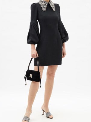 ANDREW GN Crystal-collar balloon-sleeve crepe mini dress | volume sleeved LBD | embellished oversized collar dresses | cocktail party evening fashion - flipped