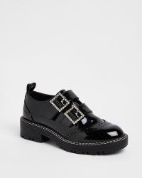 River Island BLACK EMBELLISHED MONK STRAP SHOES – womens chunky patent luxe style footwear
