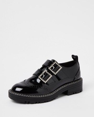 River Island BLACK EMBELLISHED MONK STRAP SHOES – womens chunky patent luxe style footwear - flipped