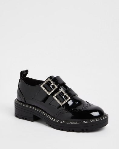 River Island BLACK EMBELLISHED MONK STRAP SHOES – womens chunky patent luxe style footwear