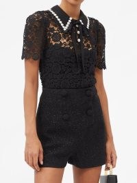 SELF-PORTRAIT Embellished-collar black guipure-lace top – romantic oversized collar tops – vintage style semi sheer blouses