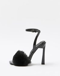 River Island BLACK FAUX FUR HEELS | fluffy high heel ankle strap sandals | glamorous party shoes