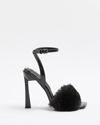 River Island BLACK FAUX FUR HEELS | fluffy high heel ankle strap sandals | glamorous party shoes - flipped