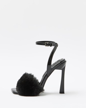 River Island BLACK FAUX FUR HEELS | fluffy high heel ankle strap sandals | glamorous party shoes