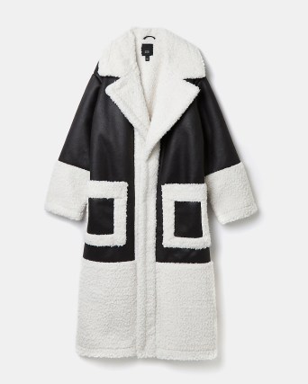 RIVER ISLAND BLACK FAUX SHEARLING OVERSIZED COAT / monochrome textured fur winter coats / womens on-trend outerwear - flipped