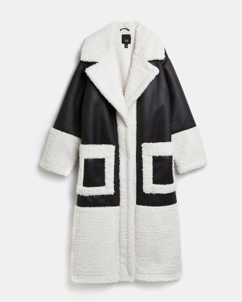 RIVER ISLAND BLACK FAUX SHEARLING OVERSIZED COAT / monochrome textured fur winter coats / womens on-trend outerwear