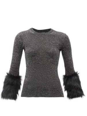 SAINT LAURENT Faux-fur trim metallic-knit sweater ~ sparkling black sweaters ~ luxe knitwear ~ winter glamour - flipped