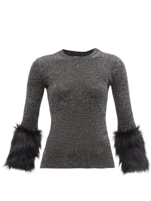 SAINT LAURENT Faux-fur trim metallic-knit sweater ~ sparkling black sweaters ~ luxe knitwear ~ winter glamour