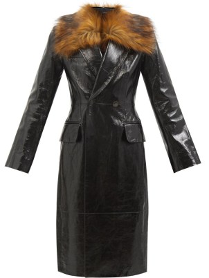 KHAITE Finna faux-fur trim patent-leather coat in black ~ womens luxury designer coats ~ women’s high shine winter outerwear - flipped
