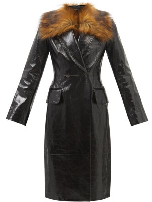 KHAITE Finna faux-fur trim patent-leather coat in black ~ womens luxury designer coats ~ women’s high shine winter outerwear