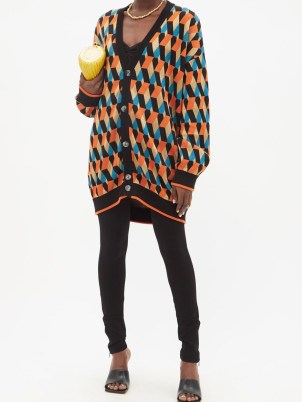 LA DOUBLEJ Isometric-jacquard longline cardigan | womens longline retro patterned cardigans | women’s relaxed fit designer knitwear - flipped