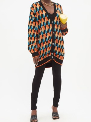 LA DOUBLEJ Isometric-jacquard longline cardigan | womens longline retro patterned cardigans | women’s relaxed fit designer knitwear