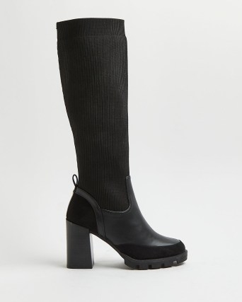 RIVER ISLAND BLACK KNEE HIGH SOCK HEELED BOOTS / womens block heel textured ribbed detail boots - flipped