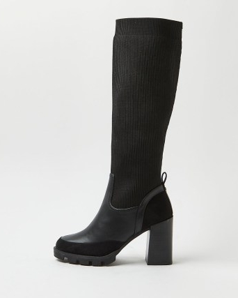 RIVER ISLAND BLACK KNEE HIGH SOCK HEELED BOOTS / womens block heel textured ribbed detail boots