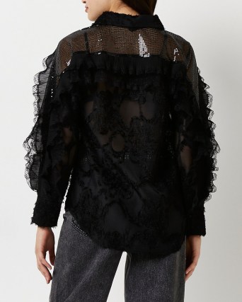 RIVER ISLAND BLACK LACE SEQUIN SHIRT / women’s shimmering sequinned back detail shirts - flipped