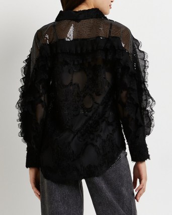RIVER ISLAND BLACK LACE SEQUIN SHIRT / women’s shimmering sequinned back detail shirts