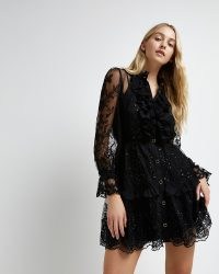 River Island BLACK LACE SHEER MINI DRESS – romantic ruffle trim party dresses – feminine occasion fashion