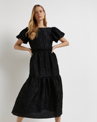 RIVER ISLAND BLACK LACE TIERED HEM MIDI DRESS ~ puff sleeve dresses - flipped