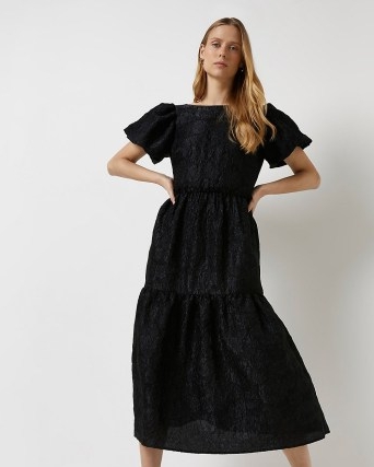 RIVER ISLAND BLACK LACE TIERED HEM MIDI DRESS ~ puff sleeve dresses