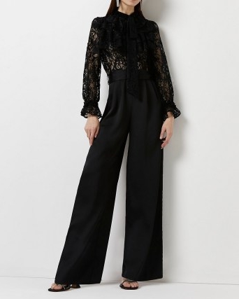 RIVER ISLAND BLACK LACE WIDE LEG JUMPSUIT / semi sheer evening occasion jumpsuits / feminine and romantic party fashion
