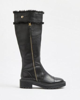 RIVER ISLAND BLACK LEATHER KNEE HIGH BOOTS ~ womens casual on-trend winter footwear - flipped