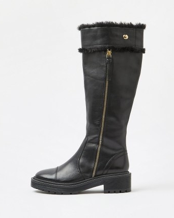 RIVER ISLAND BLACK LEATHER KNEE HIGH BOOTS ~ womens casual on-trend winter footwear