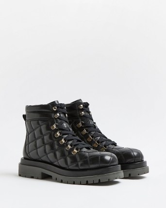 RIVER ISLAND BLACK LEATHER QUILTED HIKING BOOTS ~ womens chunky padded detail lace up boots - flipped