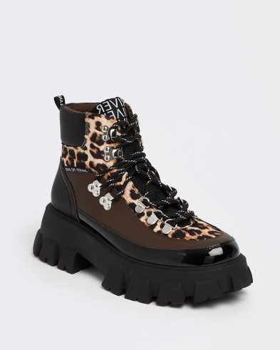 River Island BLACK LEOPARD PRINT CHUNKY HIKING BOOTS – womens wild cat print thick sole lace up boots – animal prints - flipped