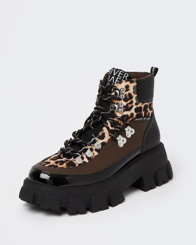 River Island BLACK LEOPARD PRINT CHUNKY HIKING BOOTS – womens wild cat print thick sole lace up boots – animal prints