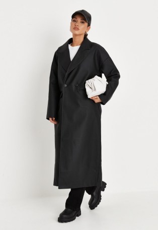 MISSGUIDED black matte faux leather formal coat ~ womens longline winter coats ~ women’s fashionable outerwear - flipped