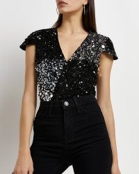 RIVER ISLAND BLACK OPEN BACK SEQUIN BODYSUIT ~ sparkling party tops ~ sequinned bodysuits ~ evening fashion