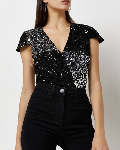 RIVER ISLAND BLACK OPEN BACK SEQUIN BODYSUIT ~ sparkling party tops ~ sequinned bodysuits ~ evening fashion - flipped