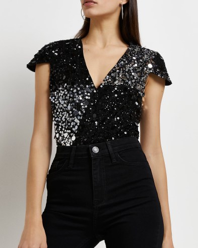 RIVER ISLAND BLACK OPEN BACK SEQUIN BODYSUIT ~ sparkling party tops ~ sequinned bodysuits ~ evening fashion