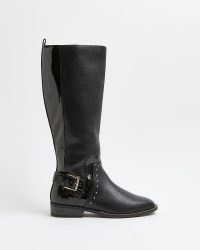 RIVER ISLAND BLACK PATENT KNEE HIGH BOOTS ~ womens stud and buckle detail boots