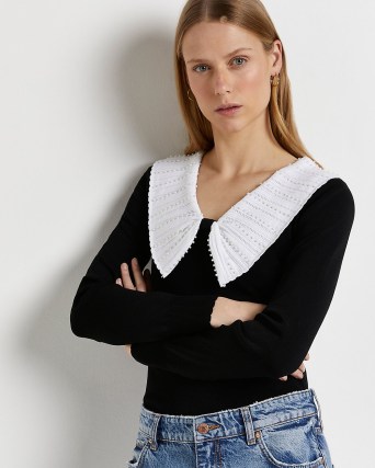 River Island BLACK PEARL OVERSIZED COLLAR JUMPER | large embellished collars | women’s fashionable jumpers | womens on-trend knitwear