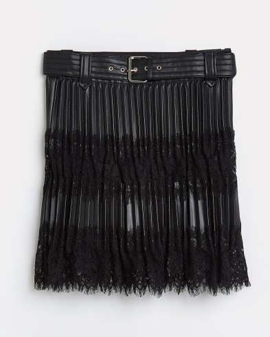 River Island BLACK PLEATED LACE DETAIL MINI SKIRT – semi sheer hemline skirts