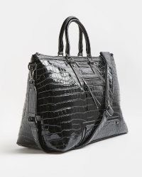 RIVER ISLAND BLACK PU CROC EMBOSSED WEEKEND BAG / womens glamorous crocodile effect holdall bags