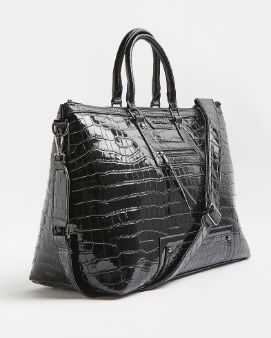 RIVER ISLAND BLACK PU CROC EMBOSSED WEEKEND BAG / womens glamorous crocodile effect holdall bags